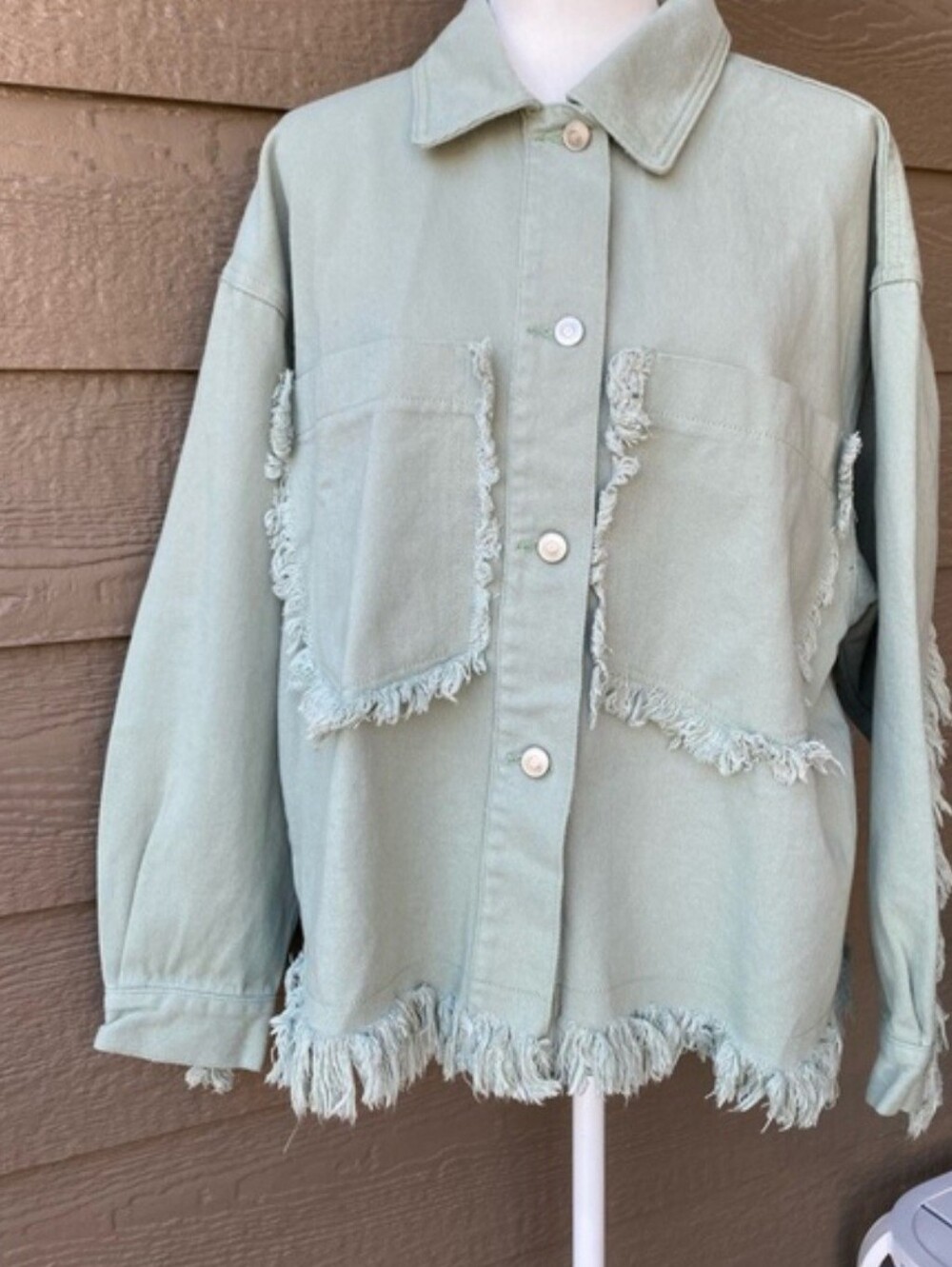 Fantastic Fawn Green Fringe Shacket Jacket Size Large
